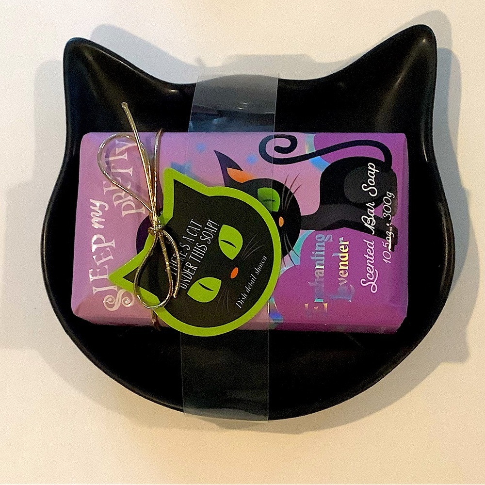 Halloween Black Cat Soap Dish & Enchanting Lavender Soap New